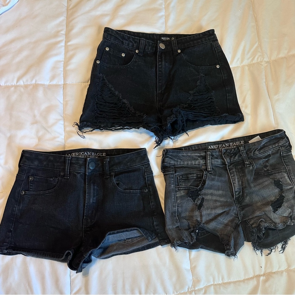 American Eagle Outfitters Women's Distressed Black and Gray Jean Shorts